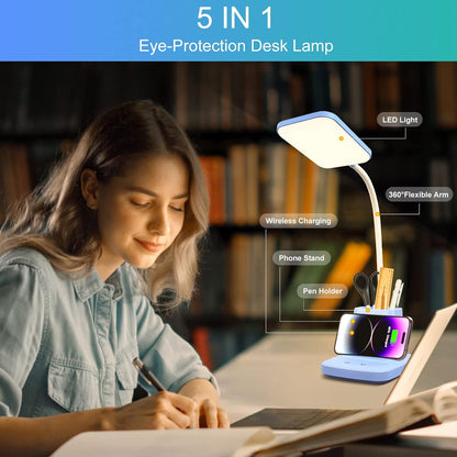 LED Desk Lamp with 10W Wireless Charging & Pen Holder, Blue