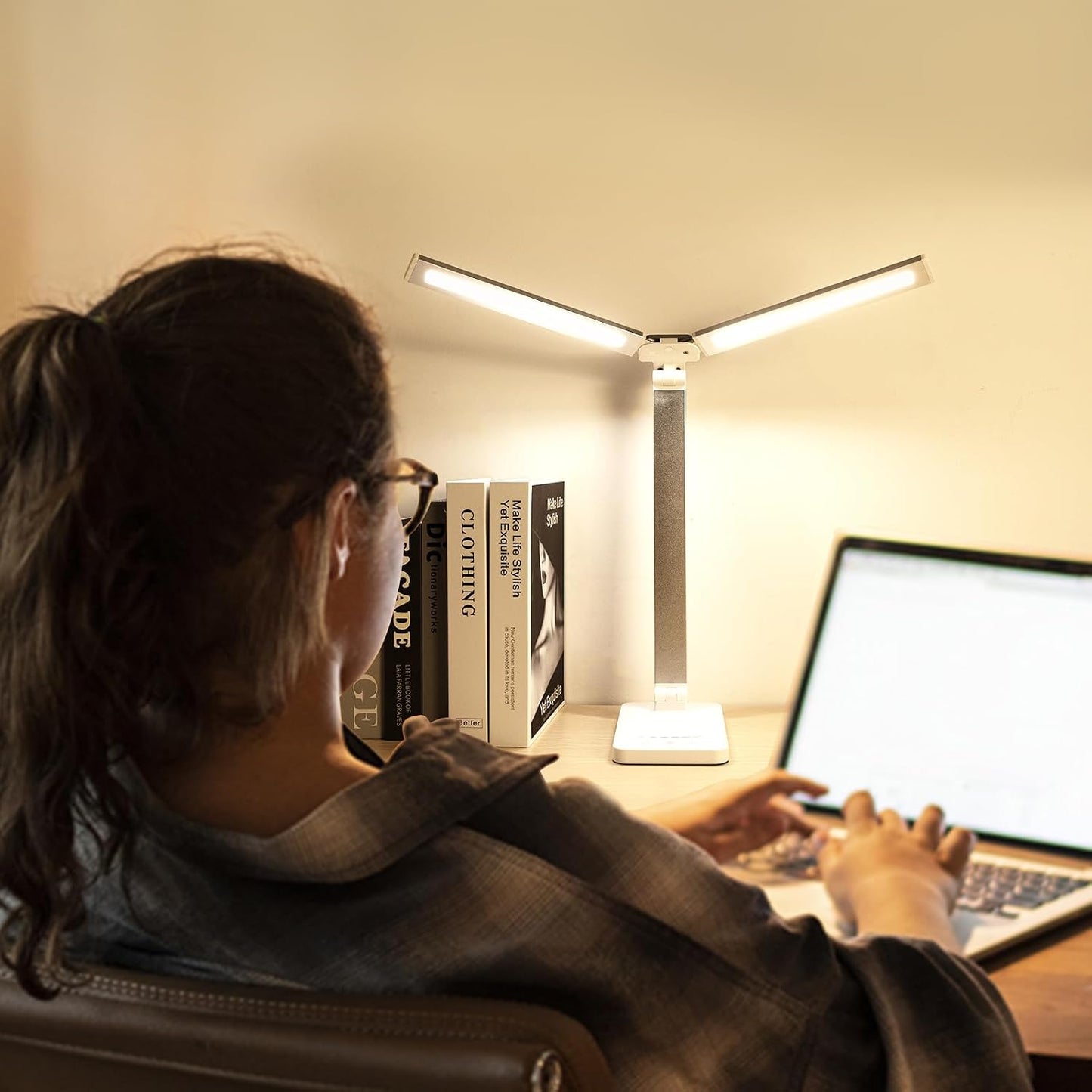 LED Desk Lamp, Dual Head Desk Light, 5 Levels Dimmable & 3 Color Modes Eye-Caring Table Light with USB Charging Port, Table Lamp for Reading, Studying, Home Office,White