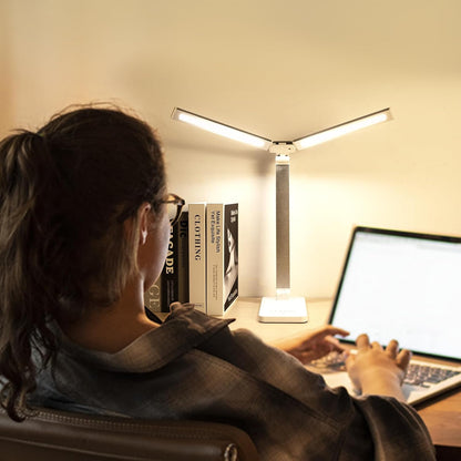 LED Desk Lamp, Dual Head Desk Light, 5 Levels Dimmable & 3 Color Modes Eye-Caring Table Light with USB Charging Port, Table Lamp for Reading, Studying, Home Office,White