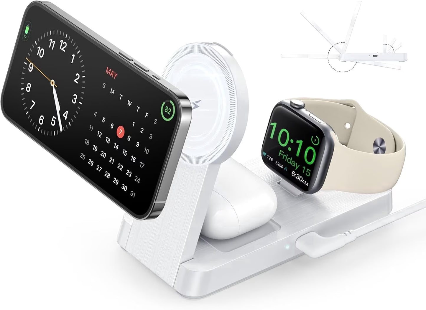 3-in-1 Foldable Wireless Charging Station - Compatible with iPhone 17/16/15/14/13/12 Pro Max, Apple Watch, and AirPods, White