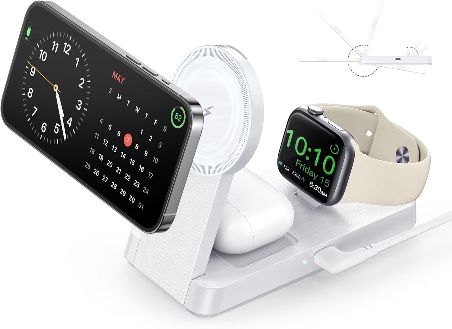 3-in-1 Foldable Wireless Charging Station - Compatible with iPhone 17/16/15/14/13/12 Pro Max, Apple Watch, and AirPods, White