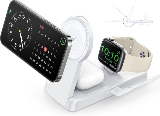 3-in-1 Foldable Wireless Charging Station - Compatible with iPhone 17/16/15/14/13/12 Pro Max, Apple Watch, and AirPods, White