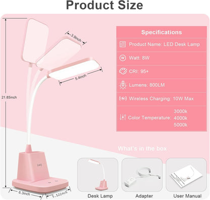 LED Desk Lamp with 10W Wireless Charging & Pen Holder, Pink