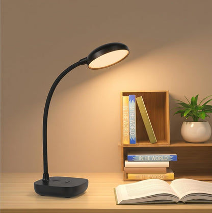 Desk Lamps for Home Office,Black,Battery Desk Lamp,5W Rechargeable Desk Lamp,3 Colors,Adjustable Brightness,360°Gooseneck Hose,Small Rechargeable Reading Lamp,Eye-Friendly and Energy Saving