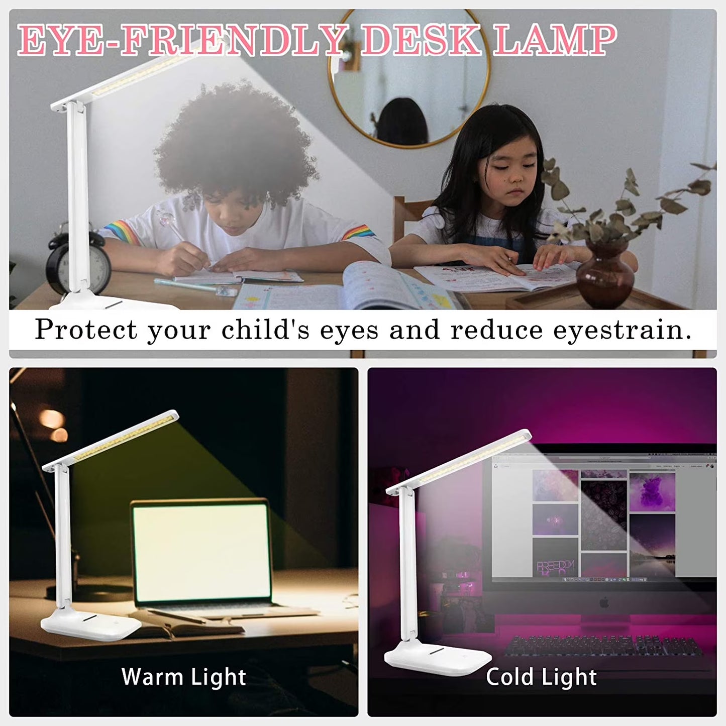 LED Desk Lamp with Adjustable Brightness Level for Eye Protection, Touch Controls, USB Charging, White