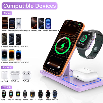 Wireless Charging Station, 3 in 1 Wireless Charger for Iphone 17/16/15/14/13/12/11/Pro/Pro Max/Xs, 18W Charging Dock for Iwatch Series 11 10 9 8 7 6 5 4 3 2, Airpods 4/3/2/Pro(Purple)