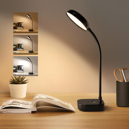 Desk Lamps for Home Office,Black,Battery Desk Lamp,5W Rechargeable Desk Lamp,3 Colors,Adjustable Brightness,360°Gooseneck Hose,Small Rechargeable Reading Lamp,Eye-Friendly and Energy Saving