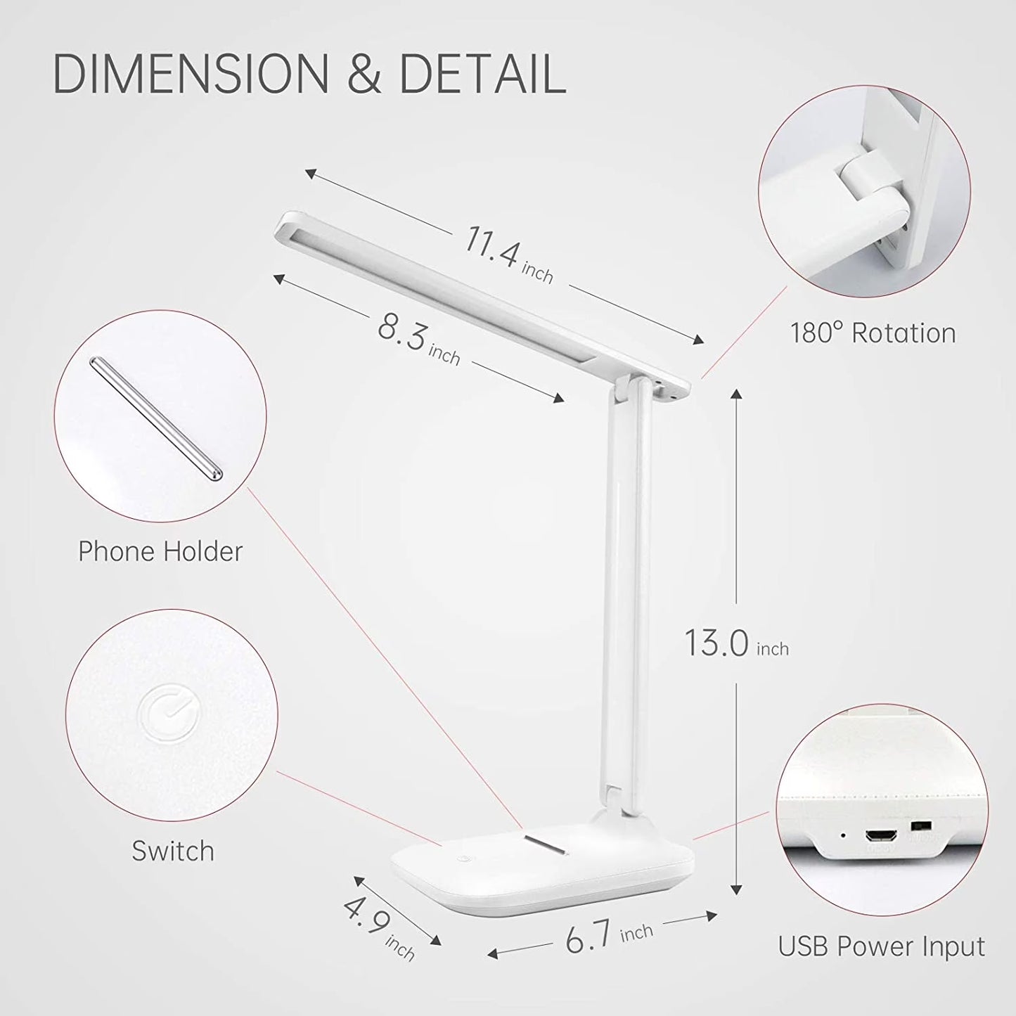 LED Desk Lamp with Adjustable Brightness Level for Eye Protection, Touch Controls, USB Charging, White