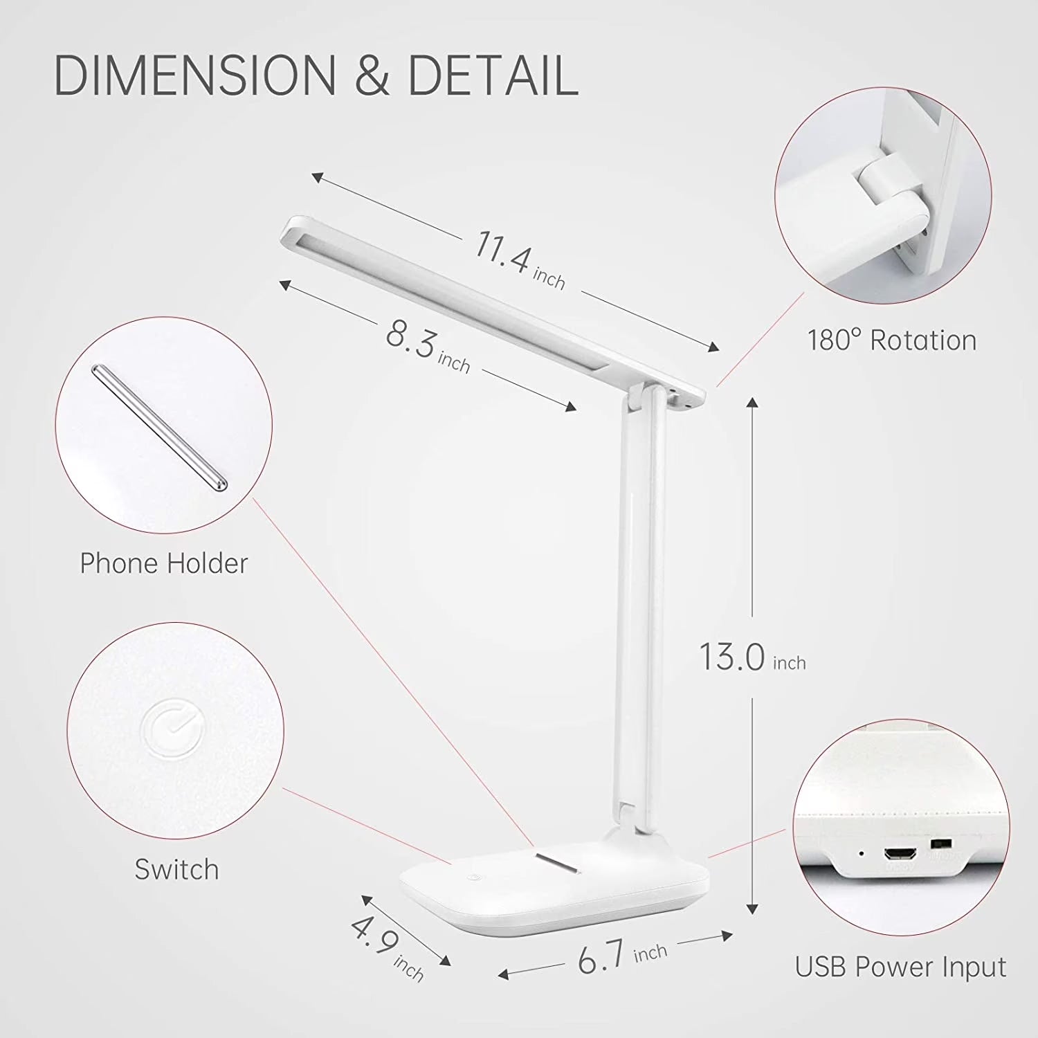 LED Desk Lamp with Adjustable Brightness Level for Eye Protection, Touch Controls, USB Charging, White