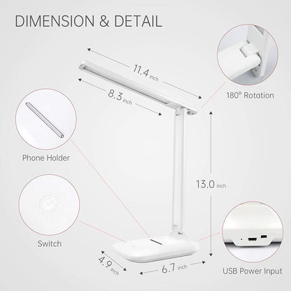 LED Desk Lamp with Adjustable Brightness Level for Eye Protection, Touch Controls, USB Charging, White