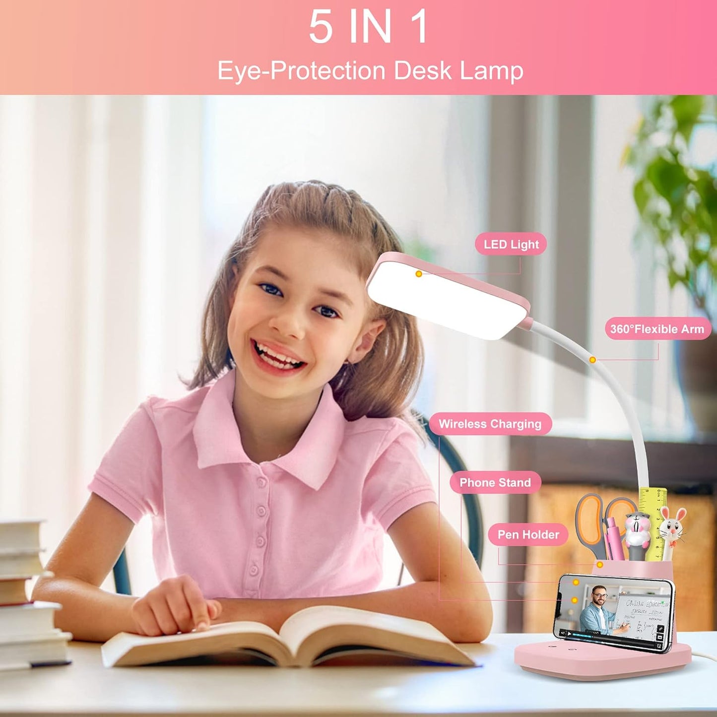 LED Desk Lamp with 10W Wireless Charging & Pen Holder, Pink