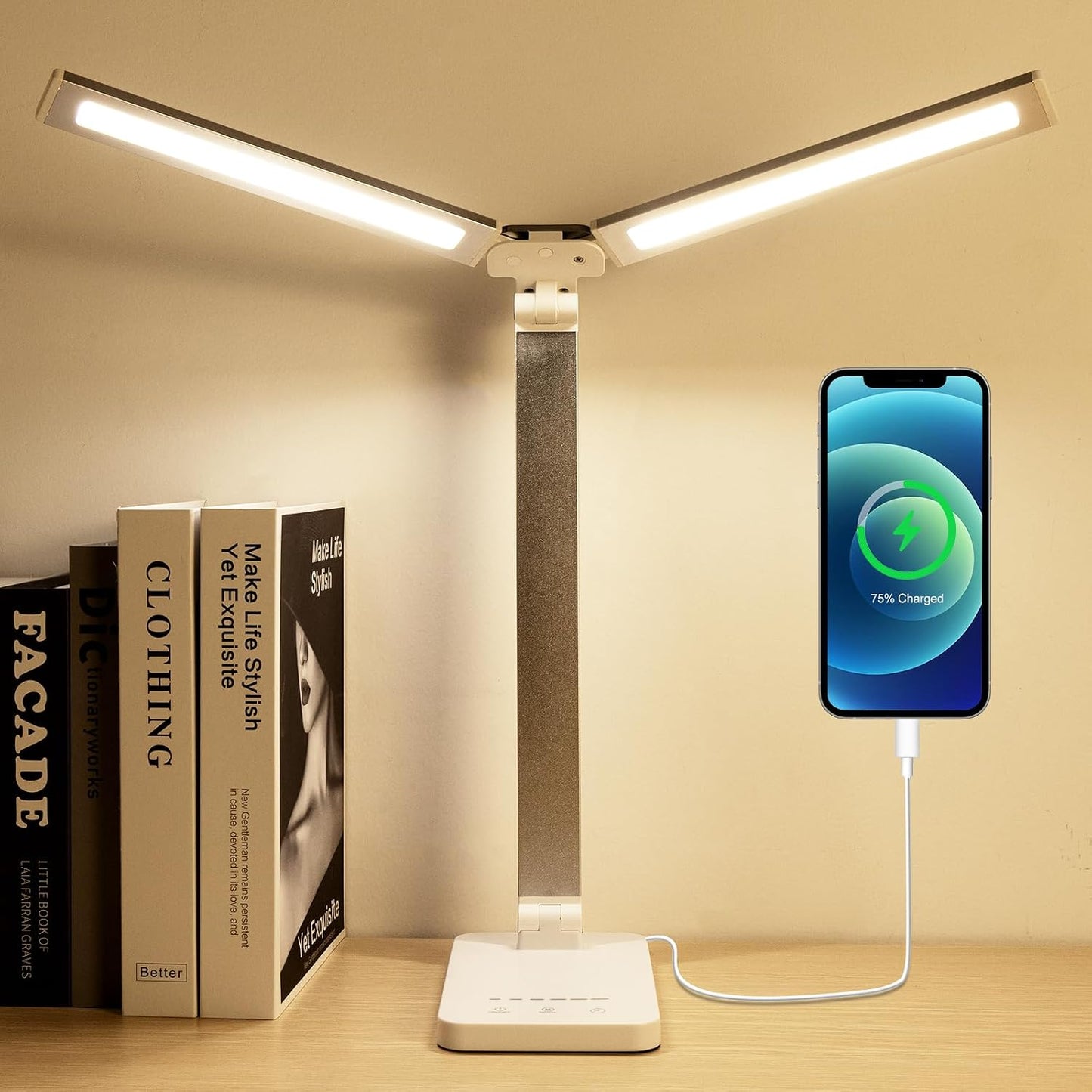 LED Desk Lamp, Dual Head Desk Light, 5 Levels Dimmable & 3 Color Modes Eye-Caring Table Light with USB Charging Port, Table Lamp for Reading, Studying, Home Office,White