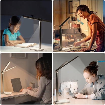 LED Desk Lamp, Dual Head Desk Light, 5 Levels Dimmable & 3 Color Modes Eye-Caring Table Light with USB Charging Port, Table Lamp for Reading, Studying, Home Office,White