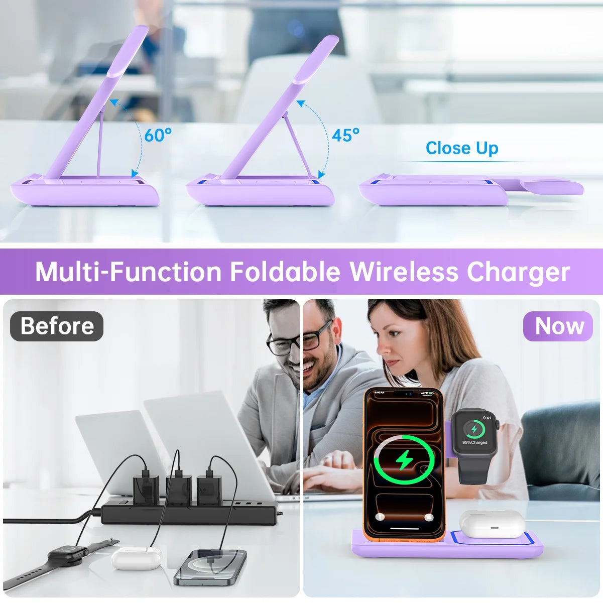 Wireless Charging Station, 3 in 1 Wireless Charger for Iphone 17/16/15/14/13/12/11/Pro/Pro Max/Xs, 18W Charging Dock for Iwatch Series 11 10 9 8 7 6 5 4 3 2, Airpods 4/3/2/Pro(Purple)