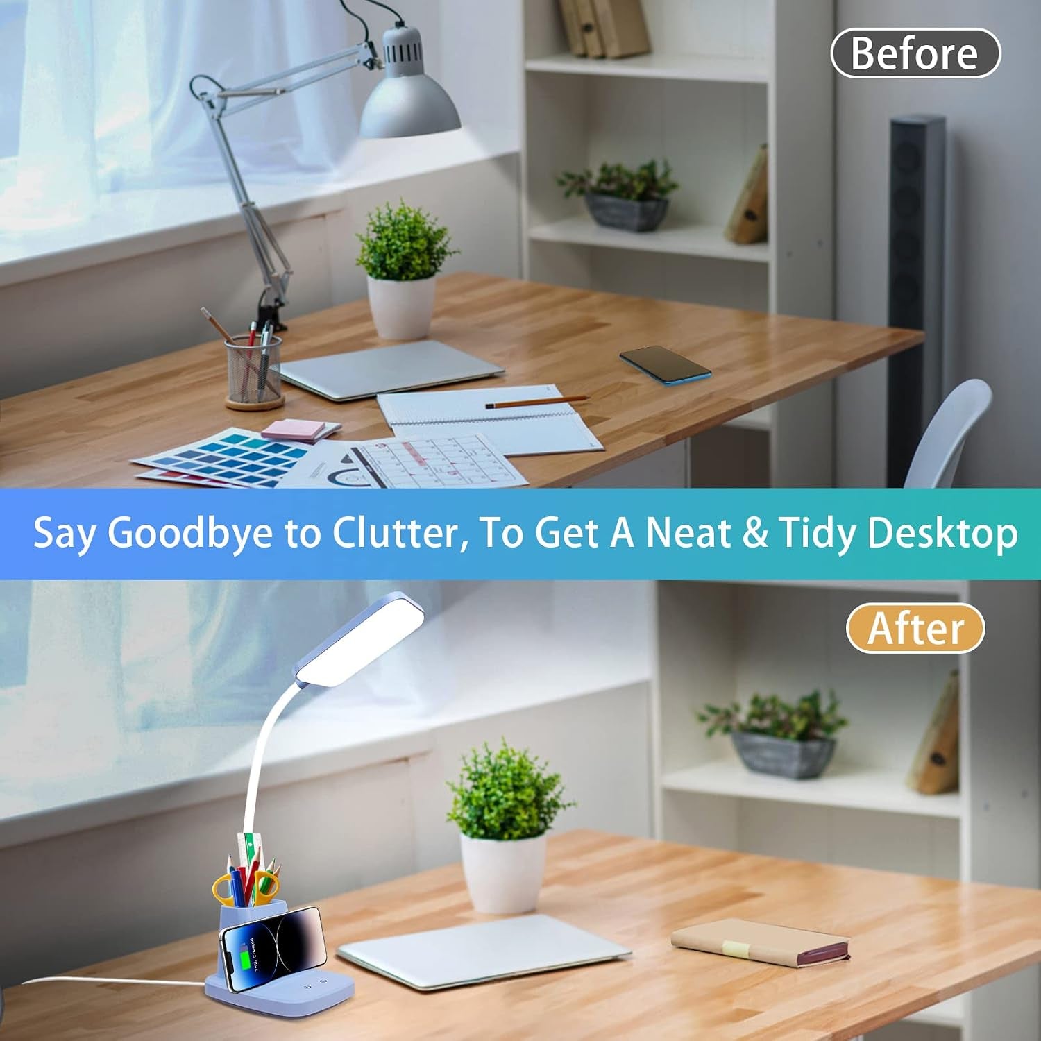 LED Desk Lamp with 10W Wireless Charging & Pen Holder, Blue