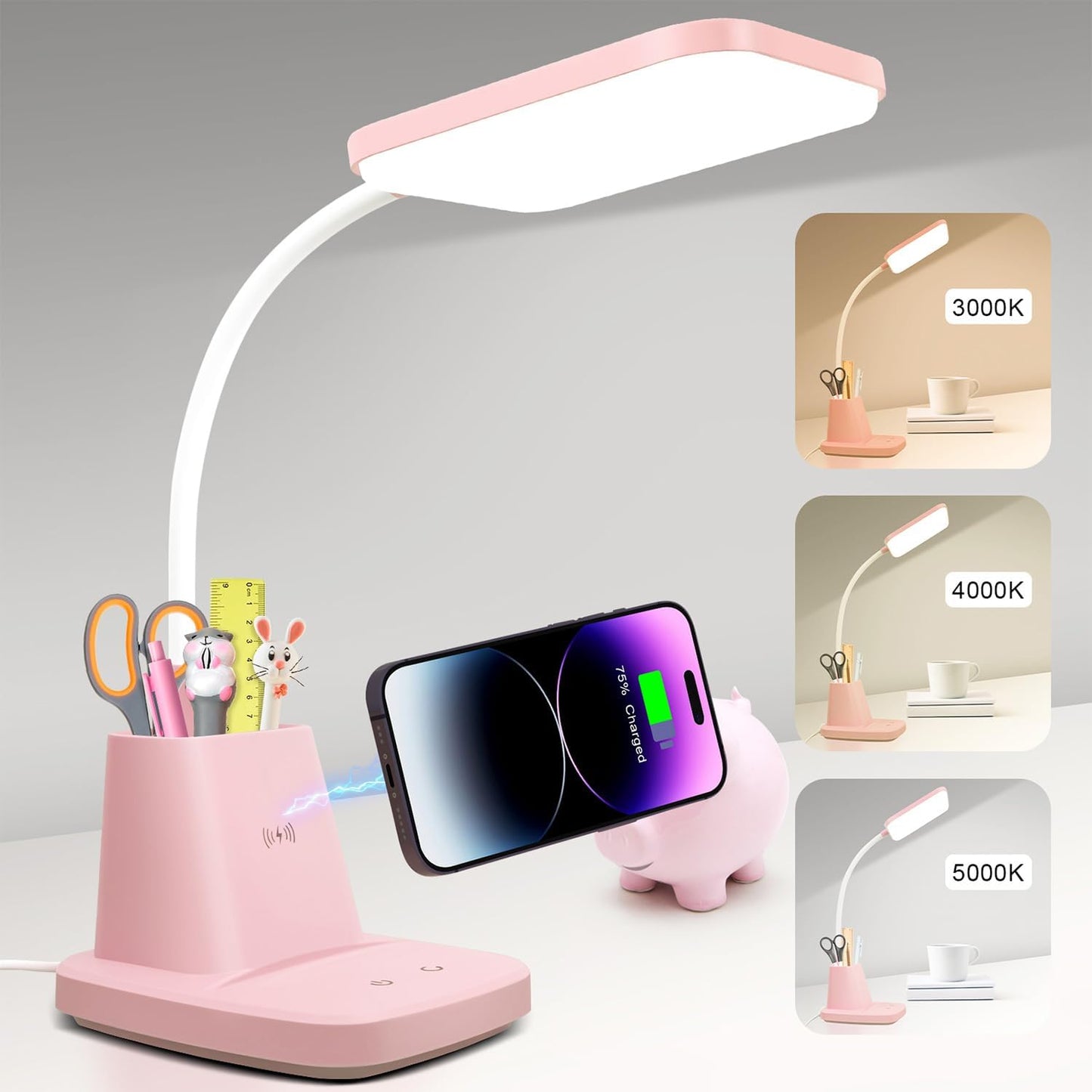 LED Desk Lamp with 10W Wireless Charging & Pen Holder, Pink
