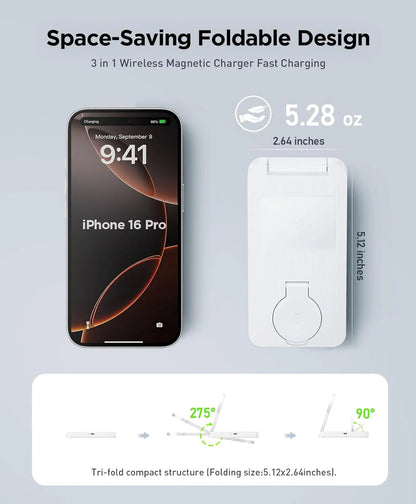 3-in-1 Foldable Wireless Charging Station - Compatible with iPhone 17/16/15/14/13/12 Pro Max, Apple Watch, and AirPods, White