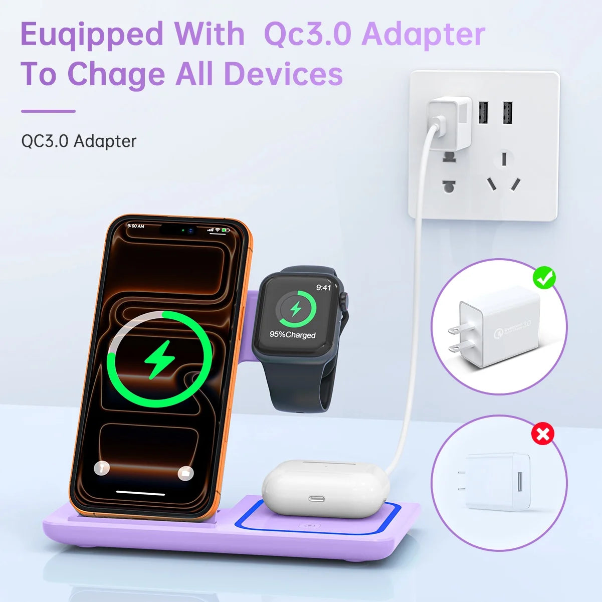Wireless Charging Station, 3 in 1 Wireless Charger for Iphone 17/16/15/14/13/12/11/Pro/Pro Max/Xs, 18W Charging Dock for Iwatch Series 11 10 9 8 7 6 5 4 3 2, Airpods 4/3/2/Pro(Purple)