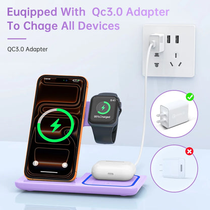 Wireless Charging Station, 3 in 1 Wireless Charger for Iphone 17/16/15/14/13/12/11/Pro/Pro Max/Xs, 18W Charging Dock for Iwatch Series 11 10 9 8 7 6 5 4 3 2, Airpods 4/3/2/Pro(Purple)