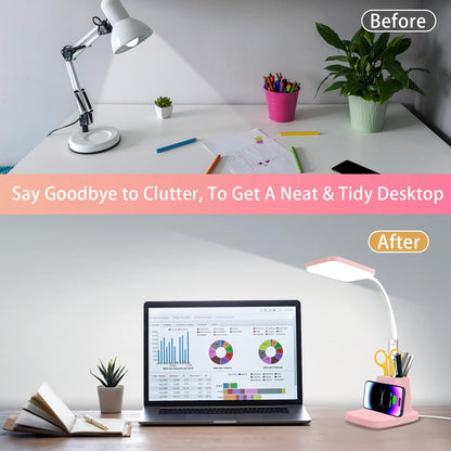 LED Desk Lamp with 10W Wireless Charging & Pen Holder, Pink