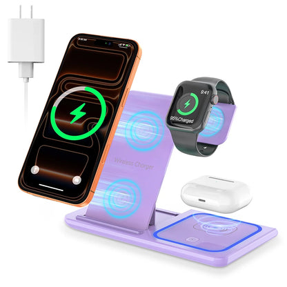 Wireless Charging Station, 3 in 1 Wireless Charger for Iphone 17/16/15/14/13/12/11/Pro/Pro Max/Xs, 18W Charging Dock for Iwatch Series 11 10 9 8 7 6 5 4 3 2, Airpods 4/3/2/Pro(Purple)