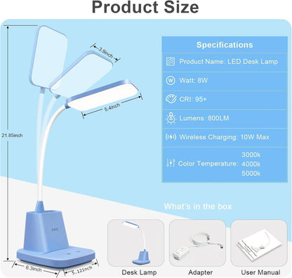 LED Desk Lamp with 10W Wireless Charging & Pen Holder, Blue