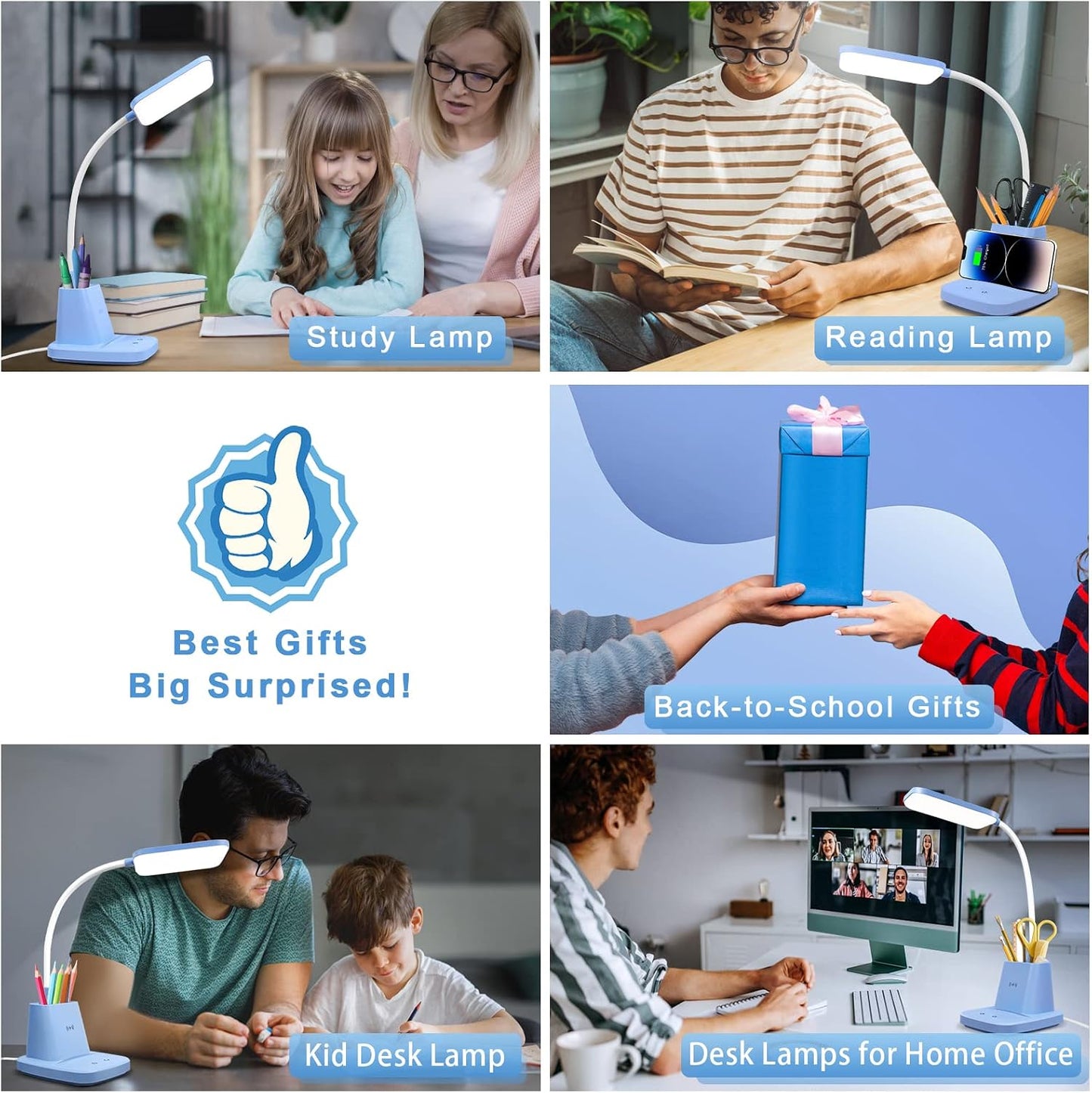 LED Desk Lamp with 10W Wireless Charging & Pen Holder, Blue