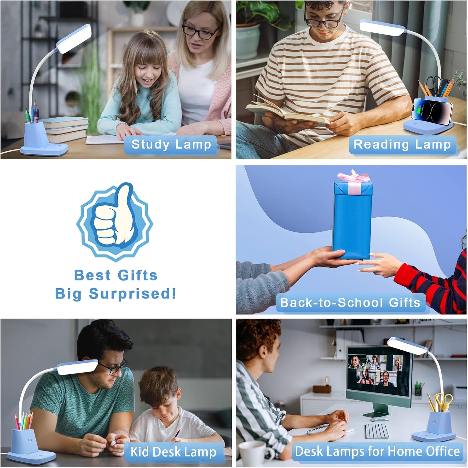 LED Desk Lamp with 10W Wireless Charging & Pen Holder, Blue