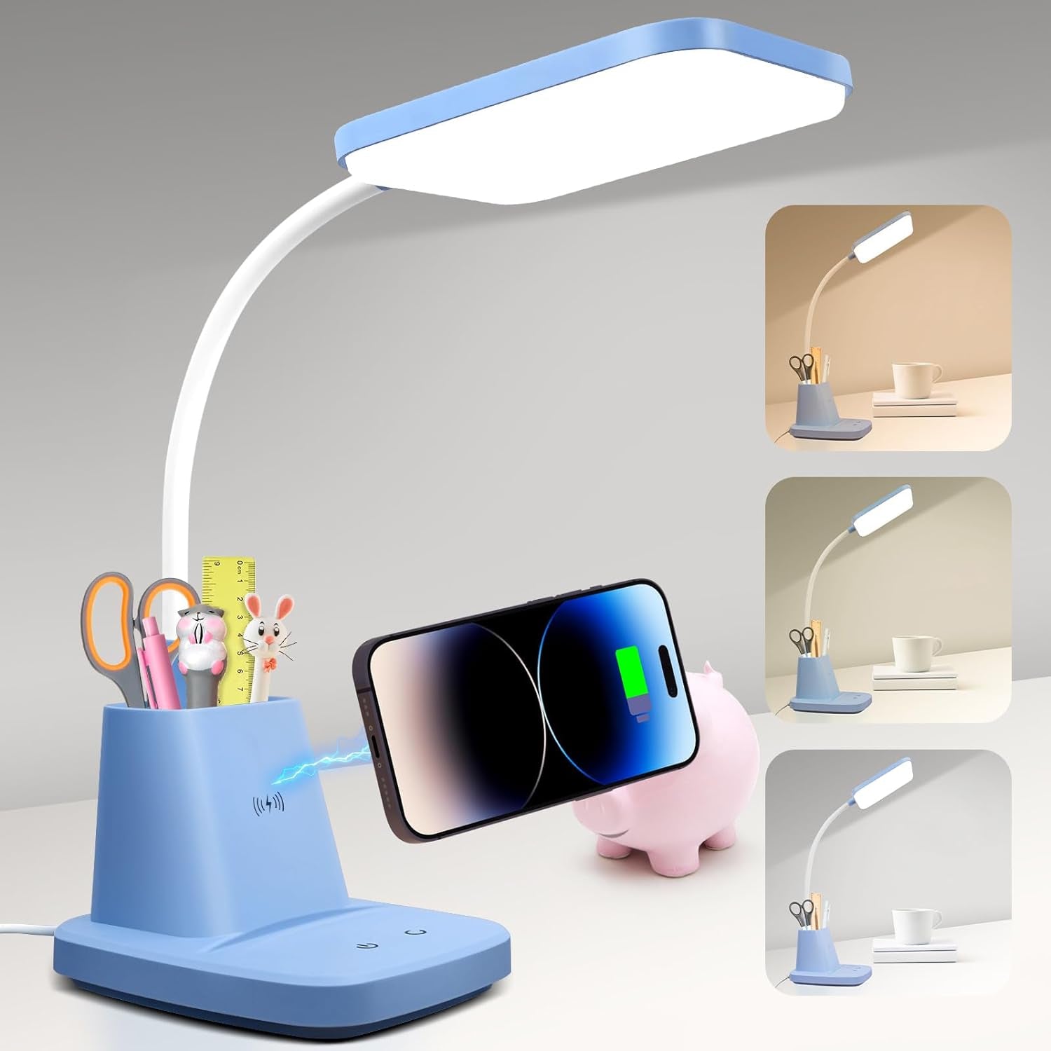 LED Desk Lamp with 10W Wireless Charging & Pen Holder, Blue