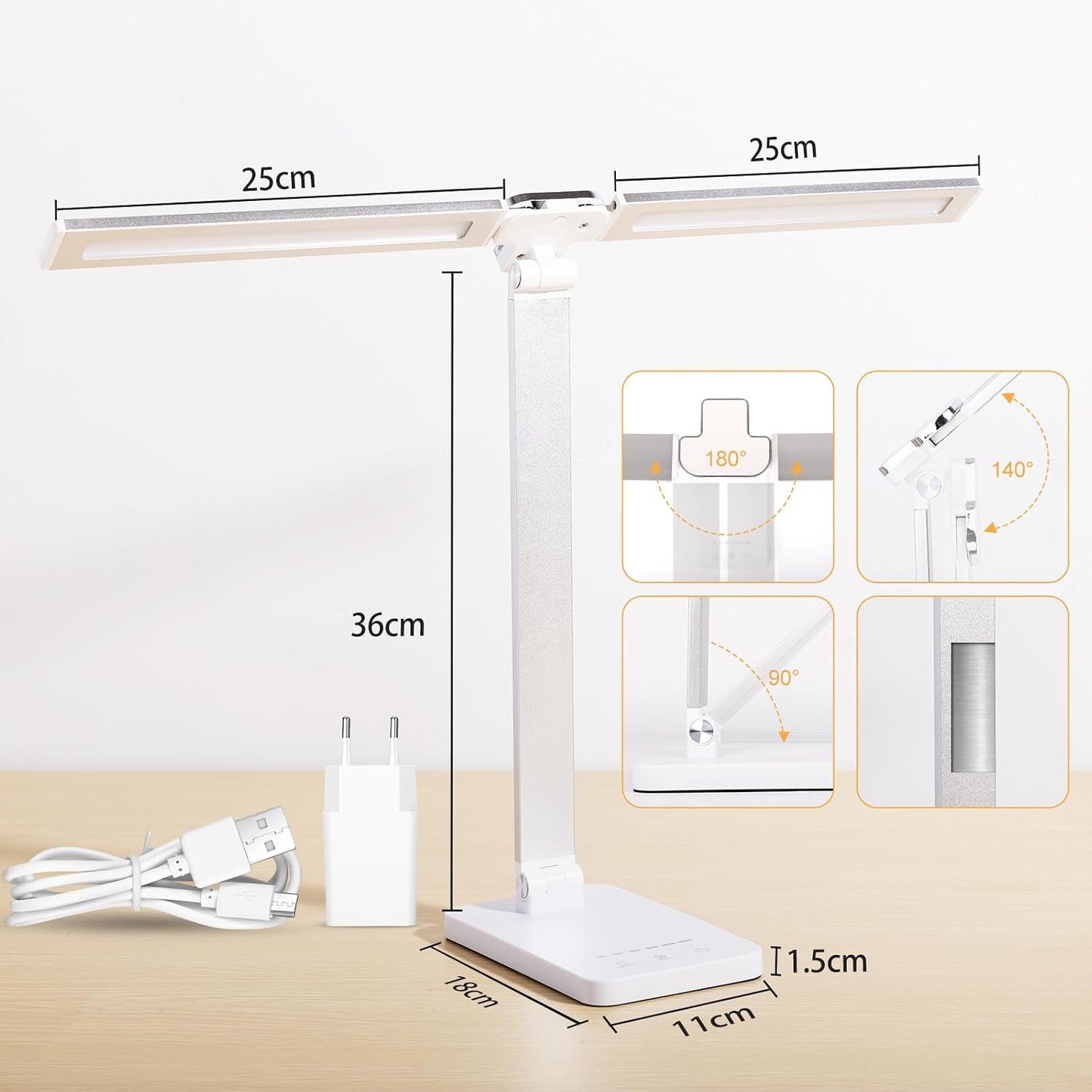 LED Desk Lamp, Dual Head Desk Light, 5 Levels Dimmable & 3 Color Modes Eye-Caring Table Light with USB Charging Port, Table Lamp for Reading, Studying, Home Office,White