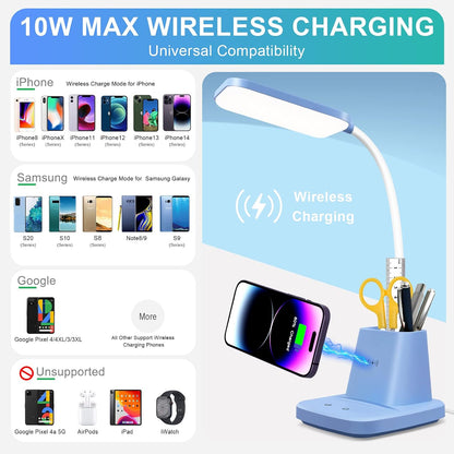 LED Desk Lamp with 10W Wireless Charging & Pen Holder, Blue