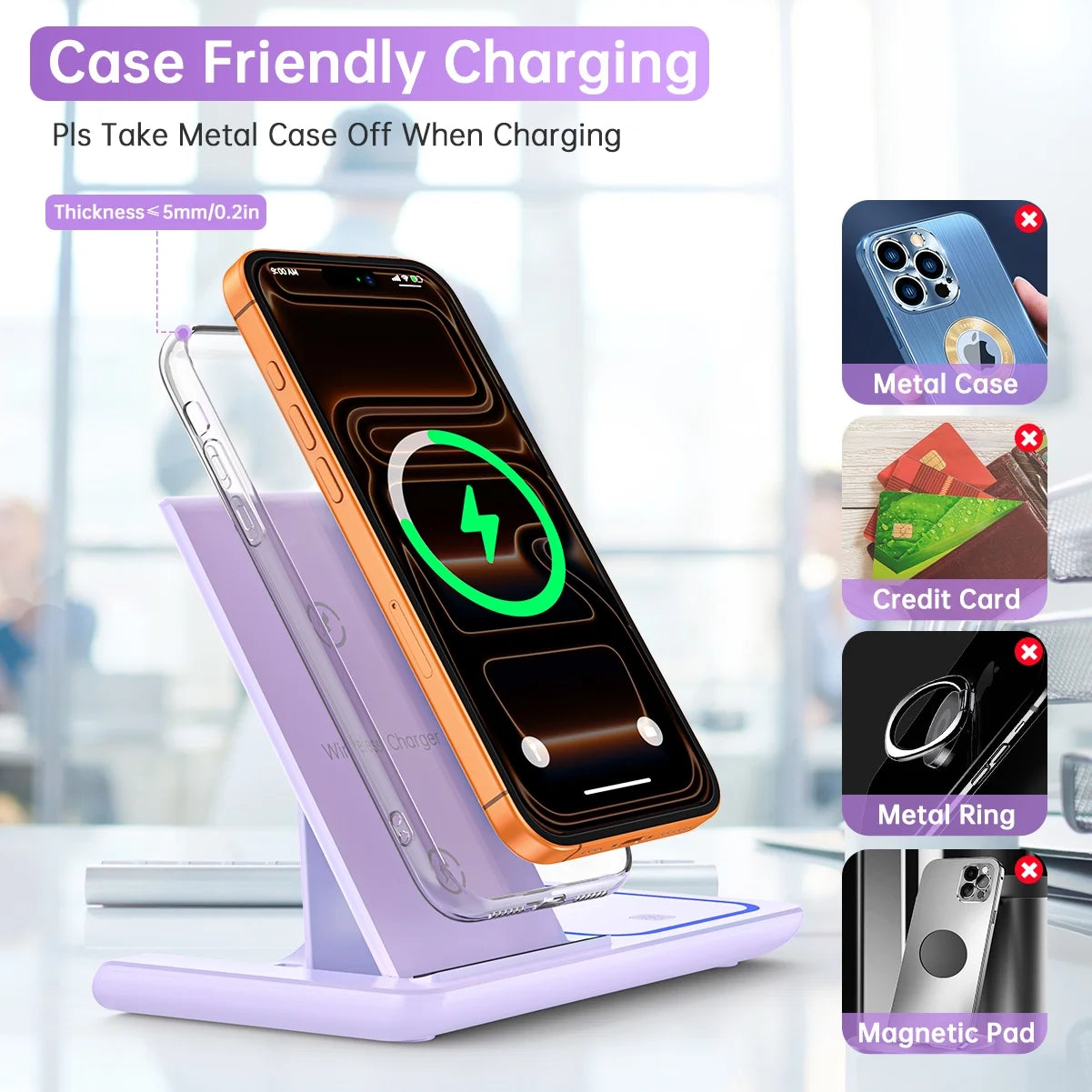 Wireless Charging Station, 3 in 1 Wireless Charger for Iphone 17/16/15/14/13/12/11/Pro/Pro Max/Xs, 18W Charging Dock for Iwatch Series 11 10 9 8 7 6 5 4 3 2, Airpods 4/3/2/Pro(Purple)