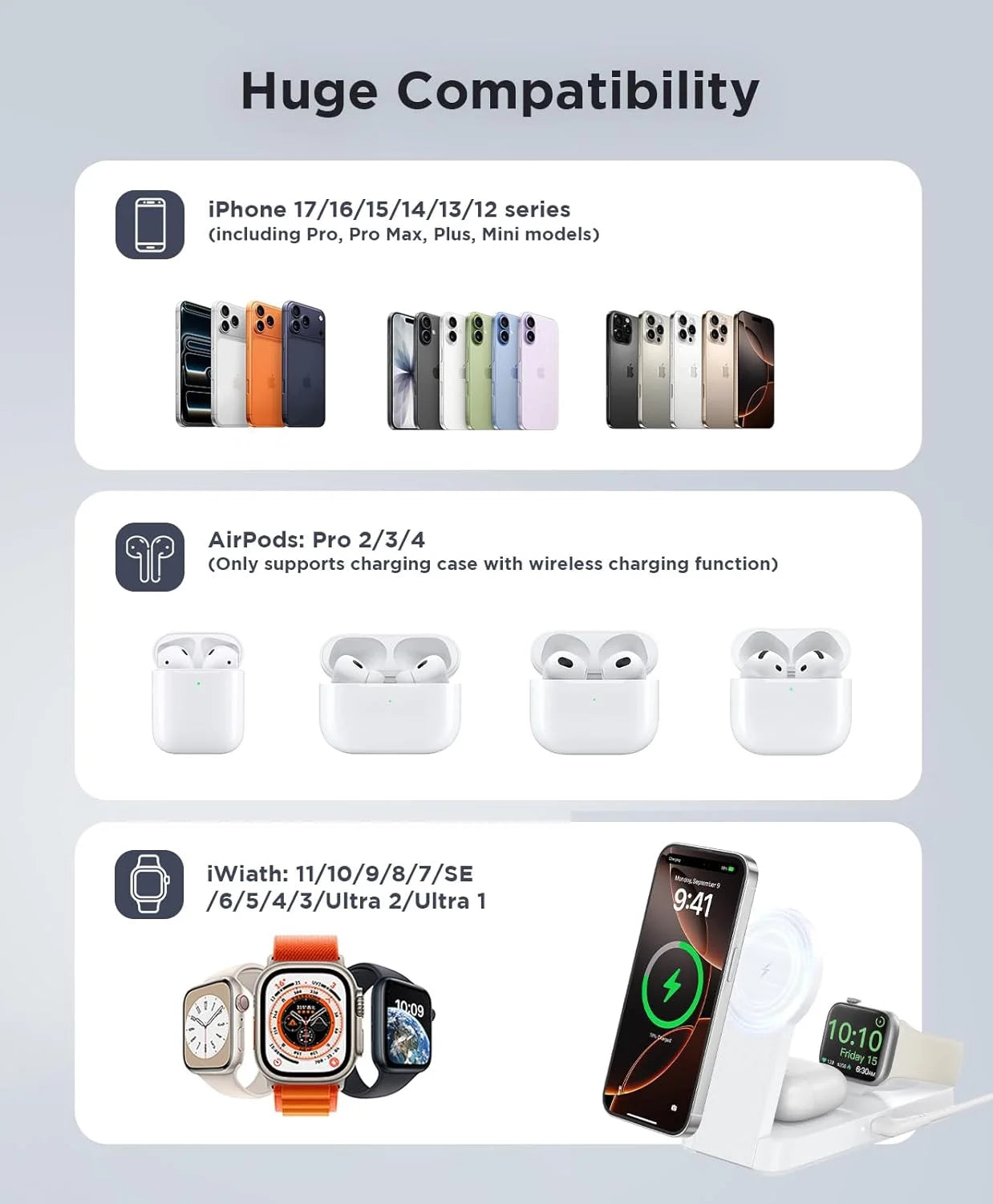 3-in-1 Foldable Wireless Charging Station - Compatible with iPhone 17/16/15/14/13/12 Pro Max, Apple Watch, and AirPods, White