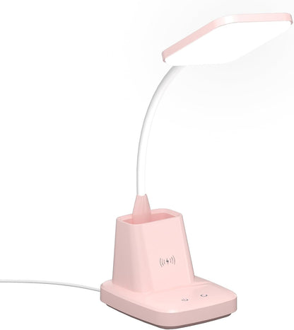 LED Desk Lamp with 10W Wireless Charging & Pen Holder, Pink