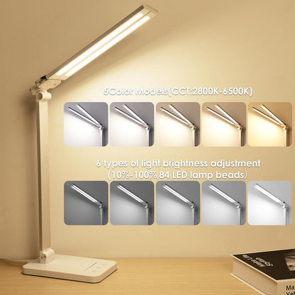 LED Desk Lamp, Dual Head Desk Light, 5 Levels Dimmable & 3 Color Modes Eye-Caring Table Light with USB Charging Port, Table Lamp for Reading, Studying, Home Office,White