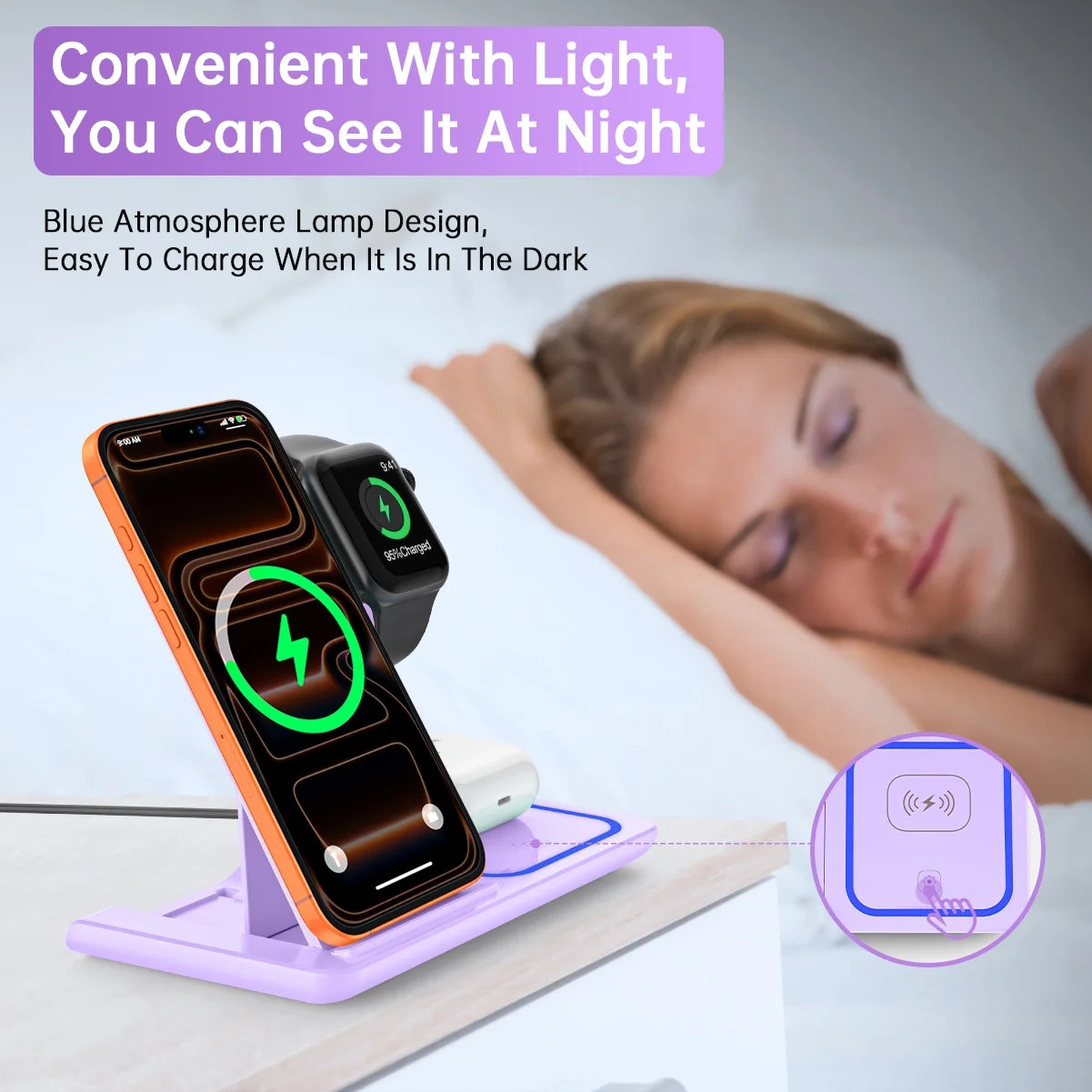 Wireless Charging Station, 3 in 1 Wireless Charger for Iphone 17/16/15/14/13/12/11/Pro/Pro Max/Xs, 18W Charging Dock for Iwatch Series 11 10 9 8 7 6 5 4 3 2, Airpods 4/3/2/Pro(Purple)