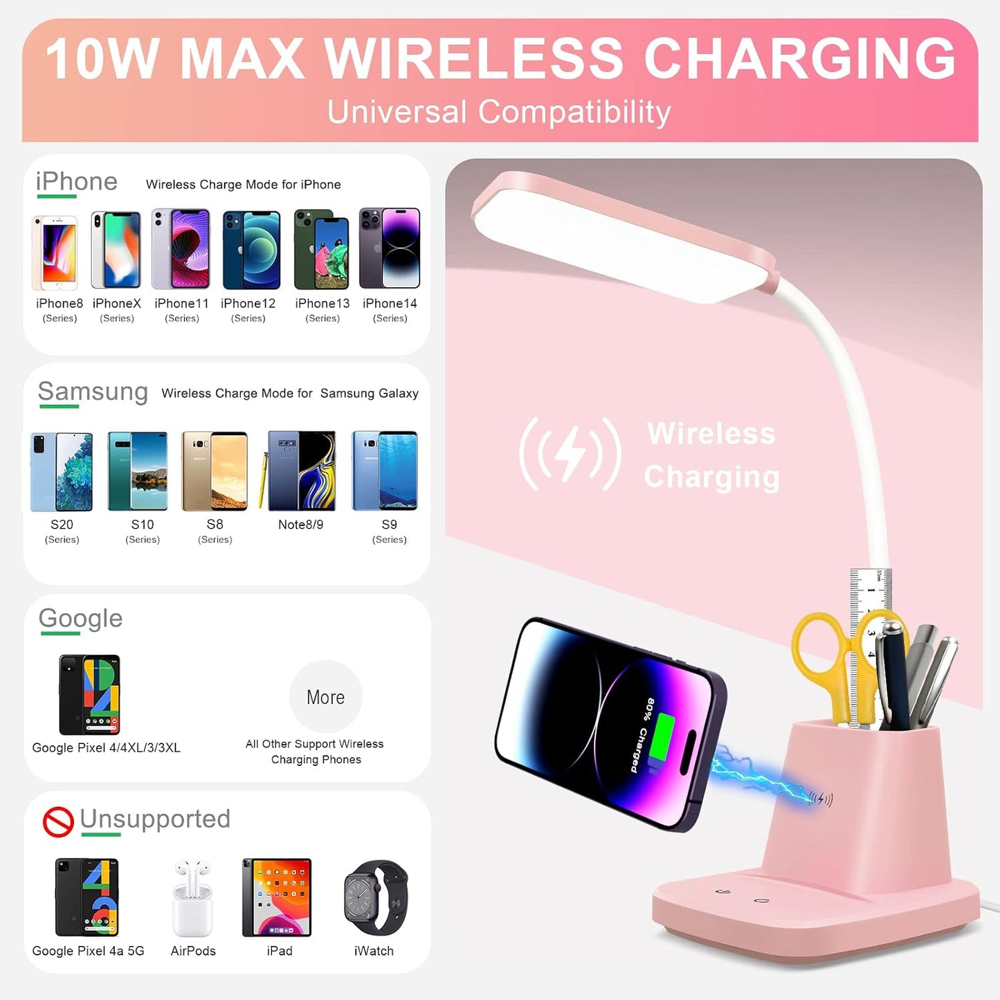 LED Desk Lamp with 10W Wireless Charging & Pen Holder, Pink