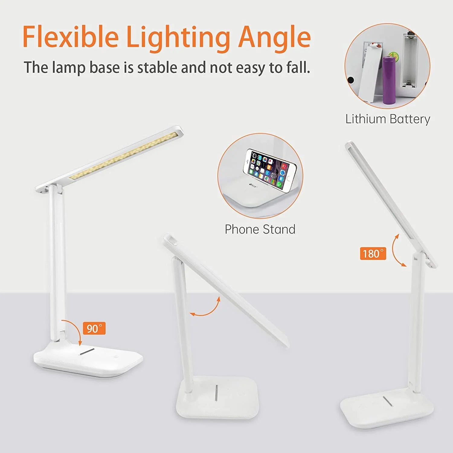 LED Desk Lamp with Adjustable Brightness Level for Eye Protection, Touch Controls, USB Charging, White