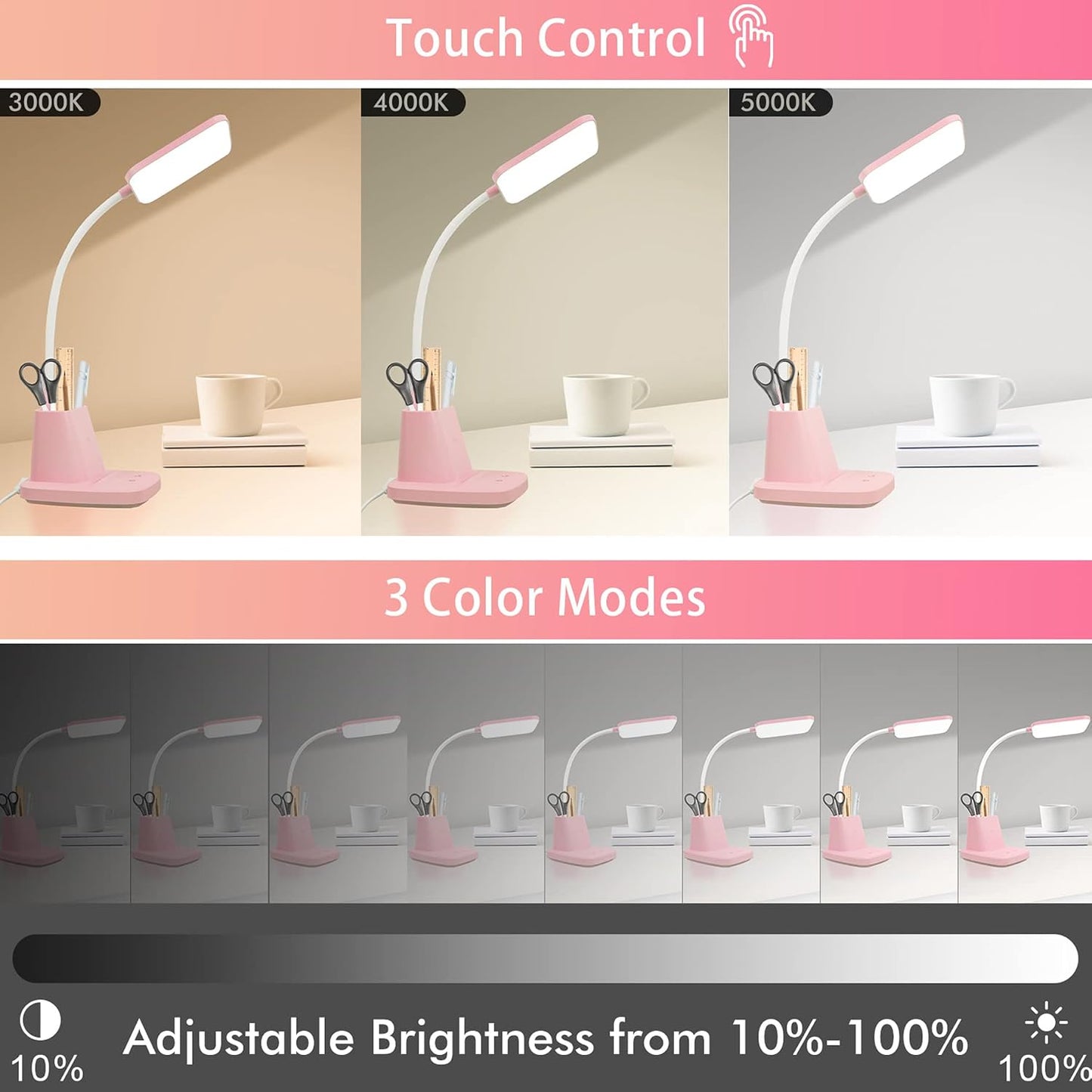 LED Desk Lamp with 10W Wireless Charging & Pen Holder, Pink