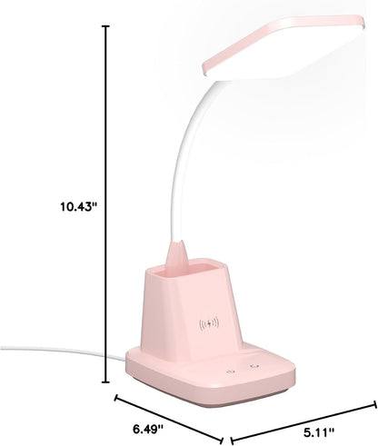 LED Desk Lamp with 10W Wireless Charging & Pen Holder, Pink