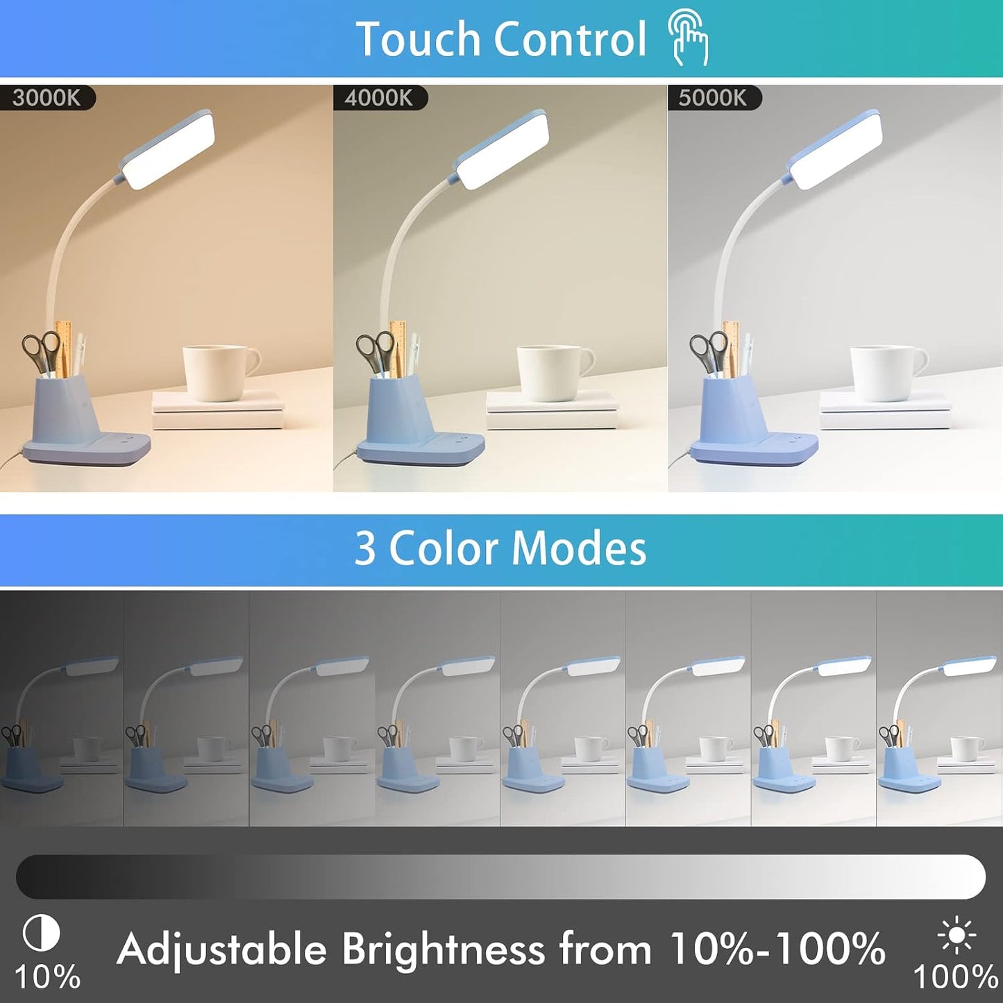 LED Desk Lamp with 10W Wireless Charging & Pen Holder, Blue