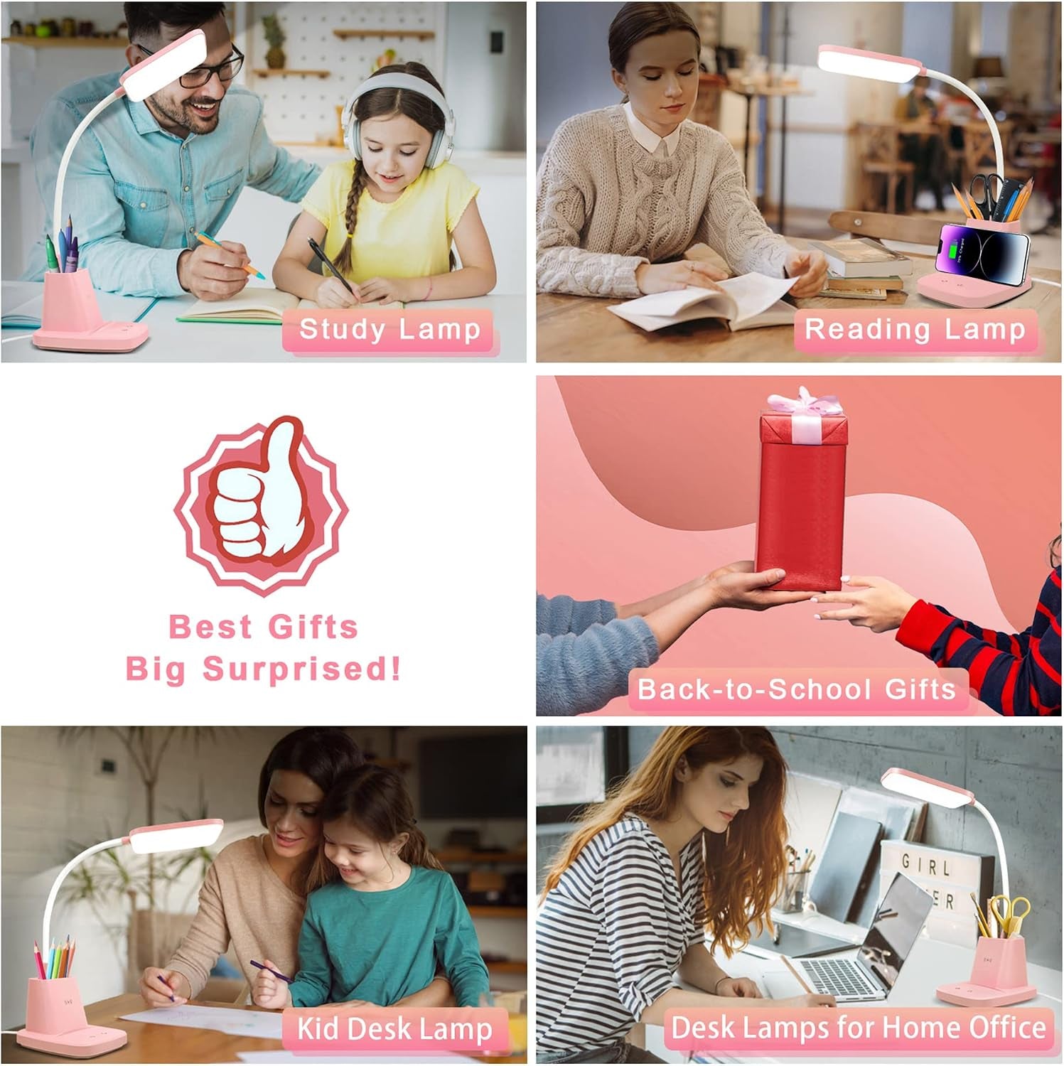 LED Desk Lamp with 10W Wireless Charging & Pen Holder, Pink