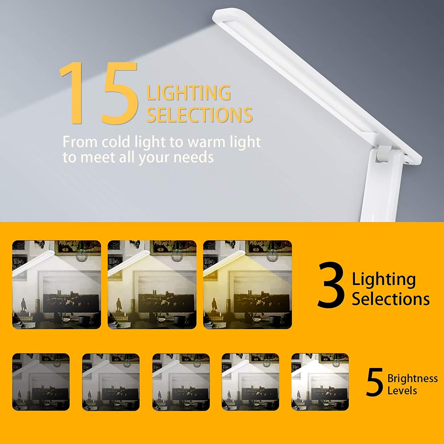 LED Desk Lamp with Adjustable Brightness Level for Eye Protection, Touch Controls, USB Charging, White